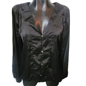Vintage 90's Lady Dutch Black V-Neck Button-Up Whimsgoth Satin Blouse L